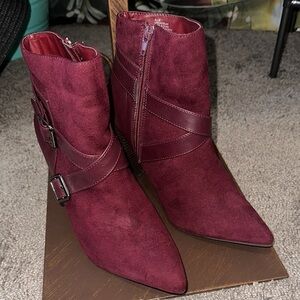 JustFab Red Ankle Boots with Suede Texture and Buckle Straps